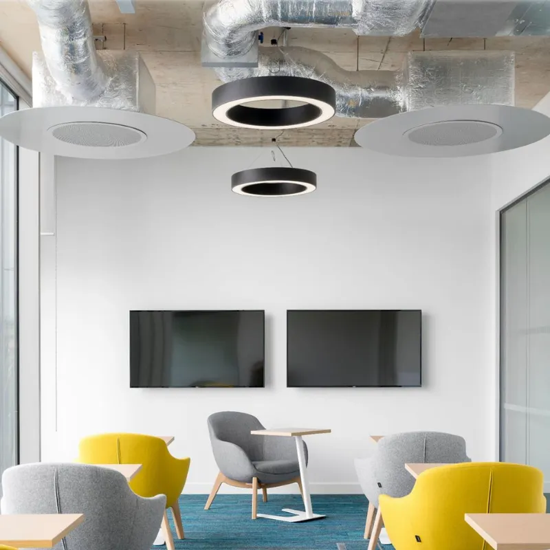 Circular air diffusers above a seating area at Accenture Building, Cherrywood