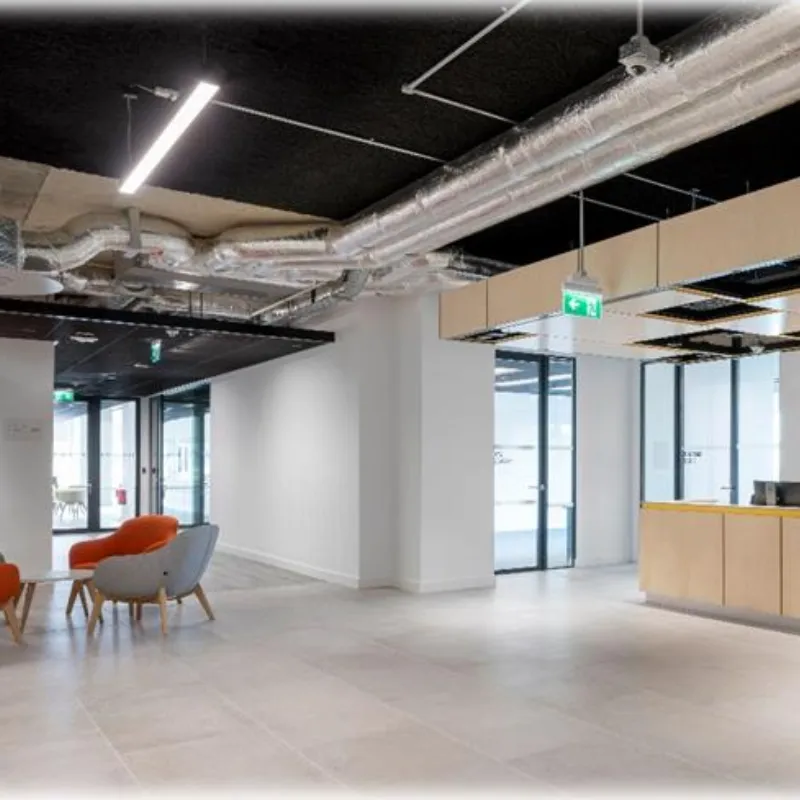 Exposed ceiling services above the open-plan workspace at Accenture Building, Cherrywood